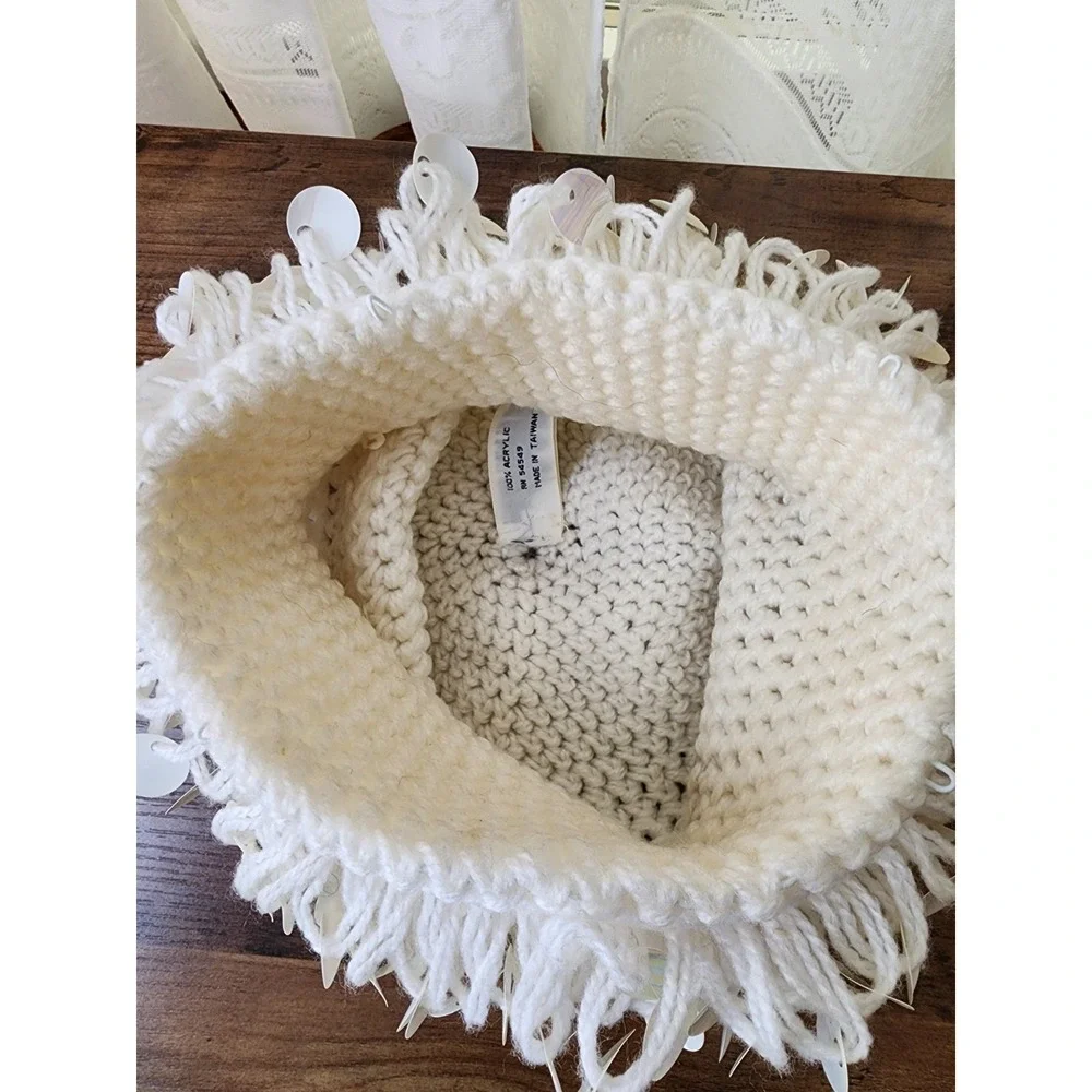 Vintage Crochet Beanie Hat Shimmer Paillettes Twee Euro Winter Chic Winter White